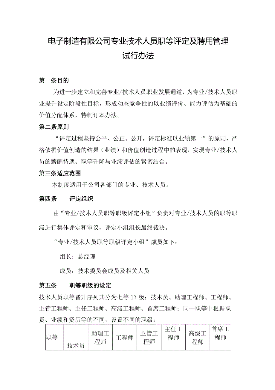 电子制造有限公司专业技术人员职等评定及聘用管理试行办法.docx_第1页