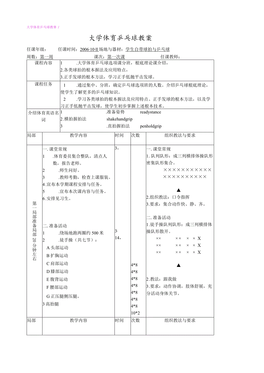 大学体育乒乓球课程教案(第一学期).docx_第1页