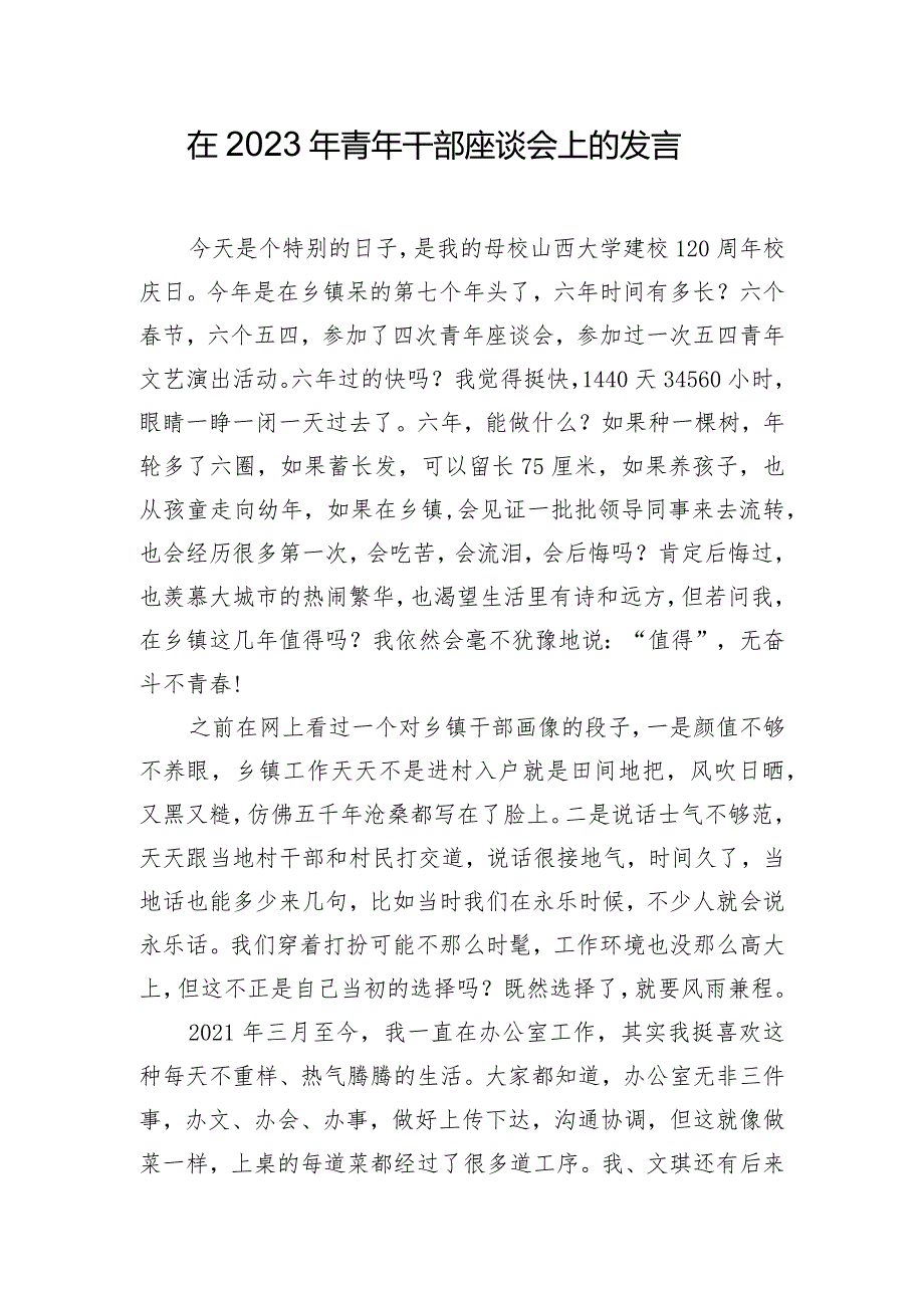 在2023年青年干部座谈会上的发言.docx_第1页