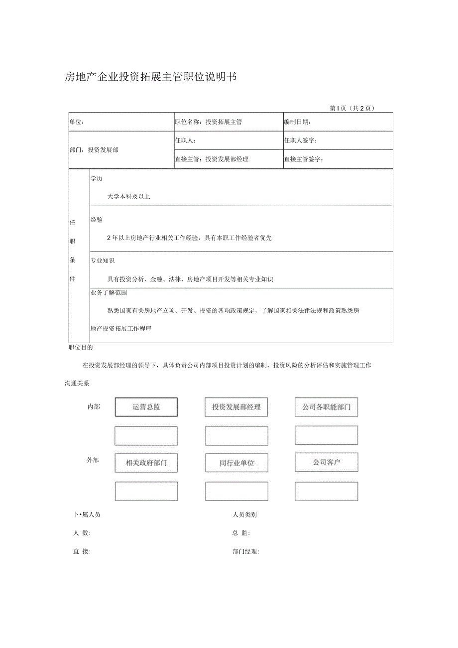 房地产企业投资拓展主管职位说明书.docx_第1页