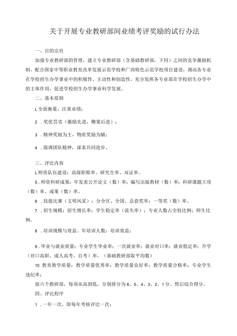 关于开展专业教研部间业绩考评奖励的试行办法.docx_第1页