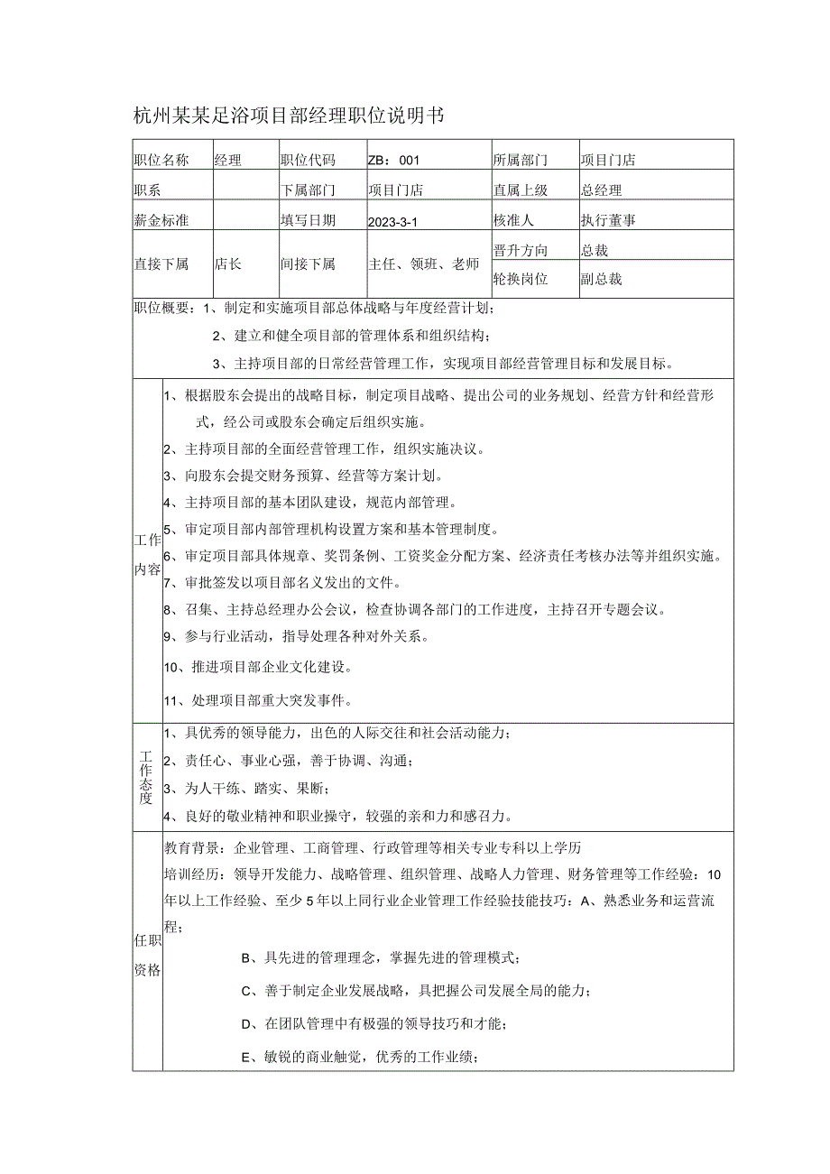 杭州某某足浴项目部经理职位说明书.docx_第1页