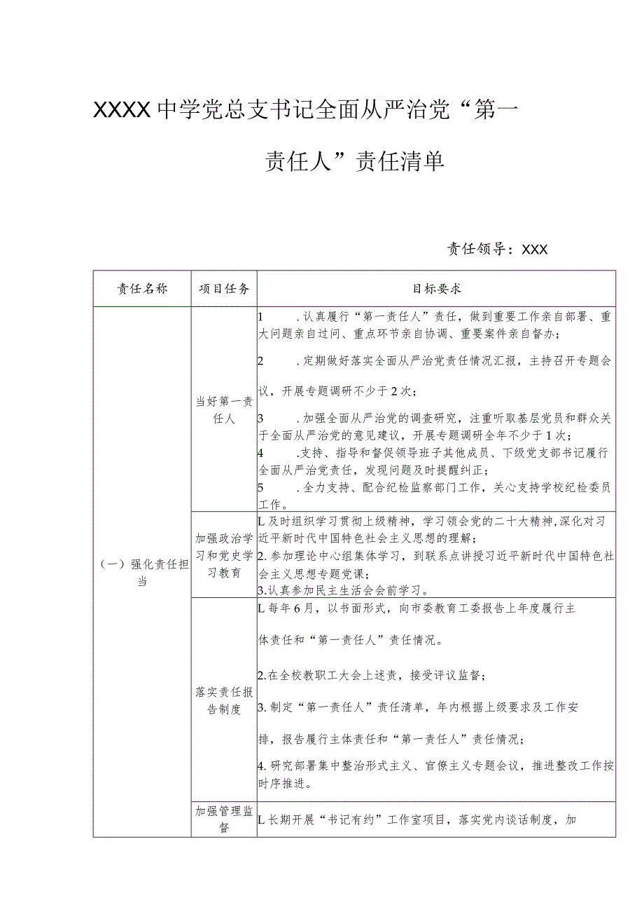 中学党总支书记全面从严治党“第一责任人”责任清单.docx_第1页