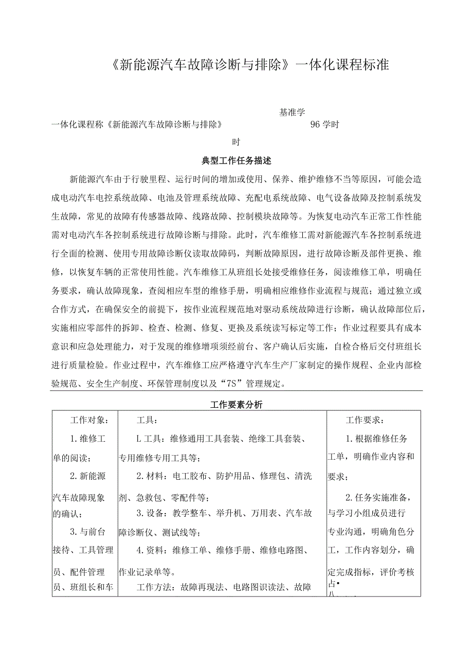 《新能源汽车故障诊断与排除》一体化课程标准.docx_第1页