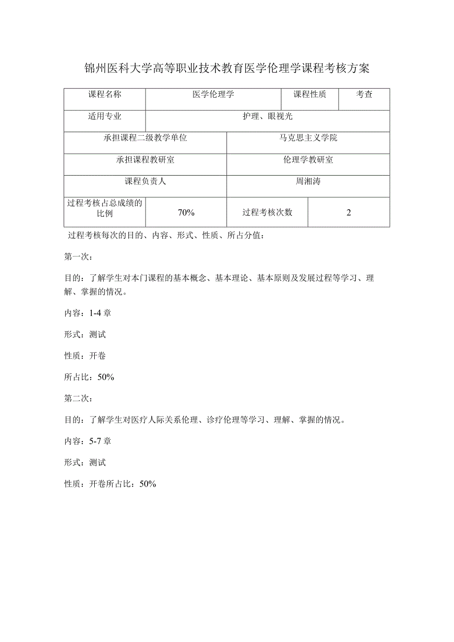 锦州医科大学高等职业技术教育医学伦理学课程考核方案.docx_第1页