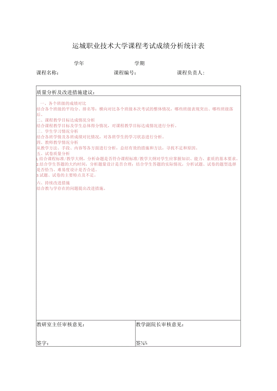 运城职业技术大学课程考试成绩分析统计表.docx_第1页