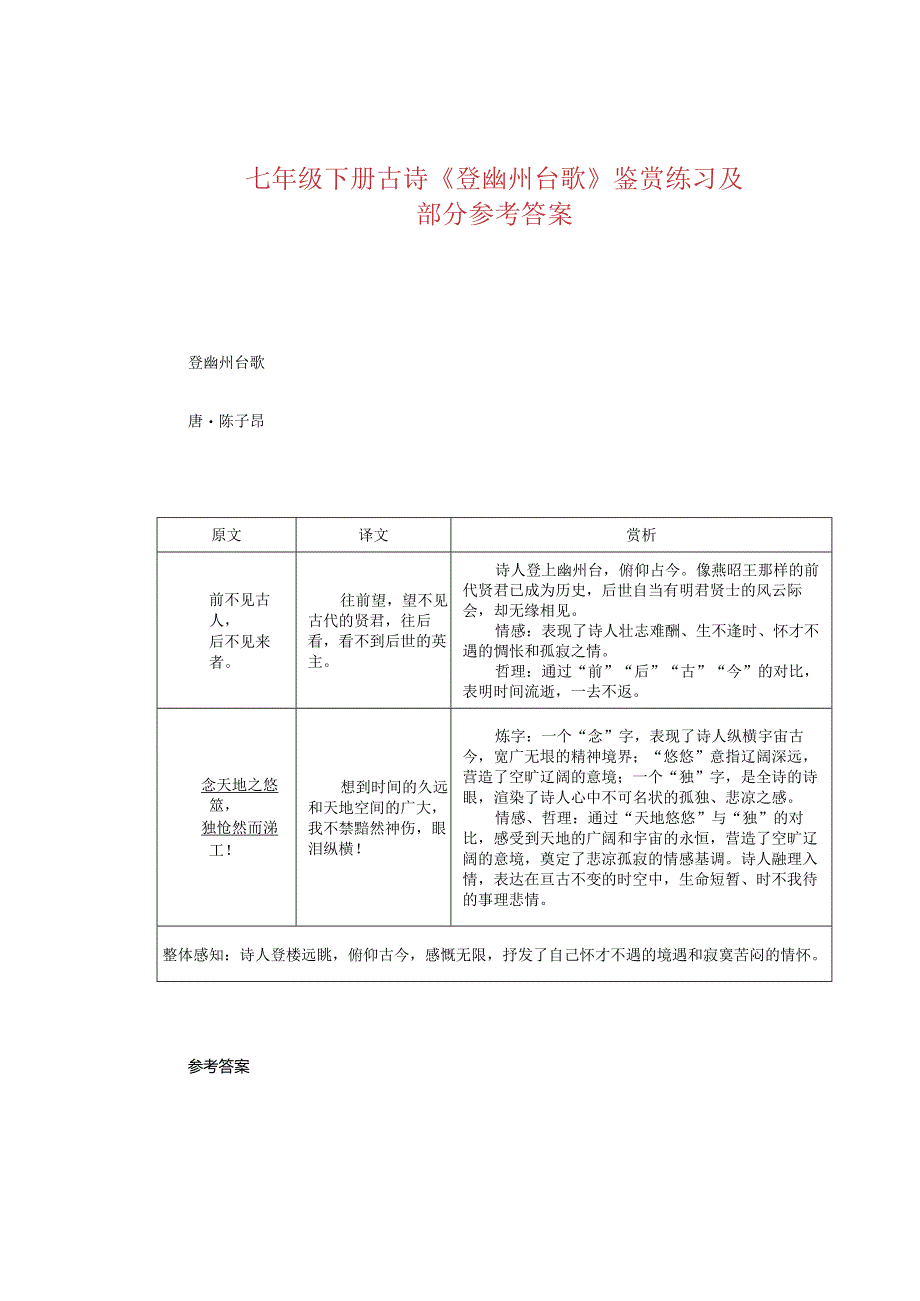 七年级下册古诗《登幽州台歌》鉴赏练习及部分参考答案.docx_第1页