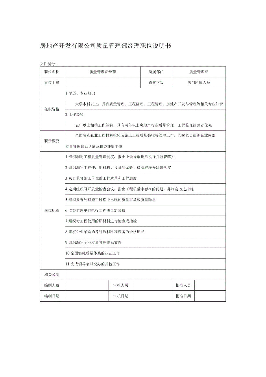 房地产开发有限公司质量管理部经理职位说明书.docx_第1页