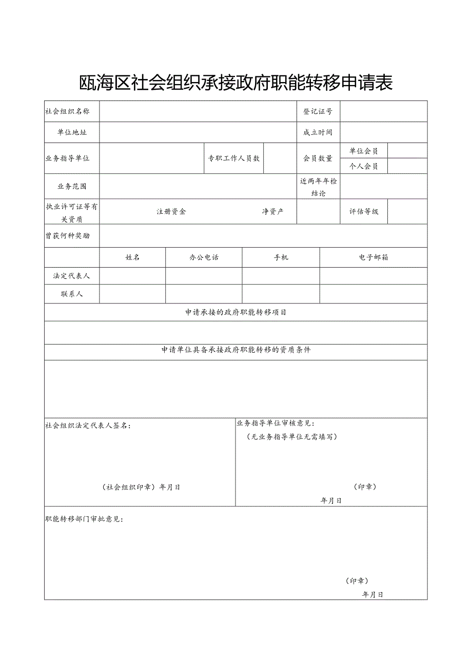 瓯海区社会组织承接政府职能转移申请表.docx_第1页