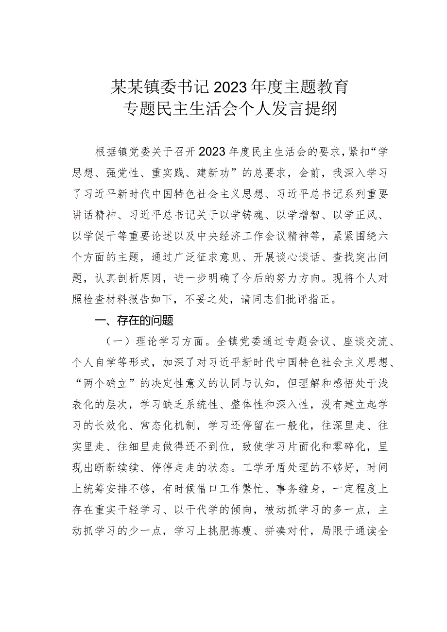 某某镇委书记2023年度主题教育专题民主生活会个人发言提纲.docx_第1页