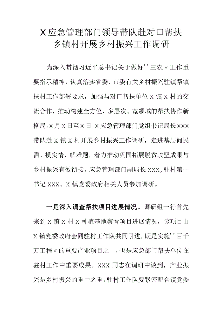 X应急管理部门领导带队赴对口帮扶乡镇村开展乡村振兴工作调研.docx_第1页