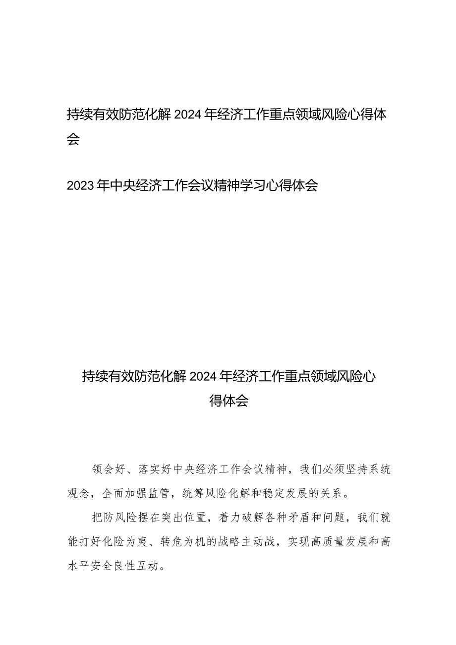 持续有效防范化解2024年经济工作重点领域风险心得体会、2023年中央经济工作会议精神学习心得体会.docx_第1页