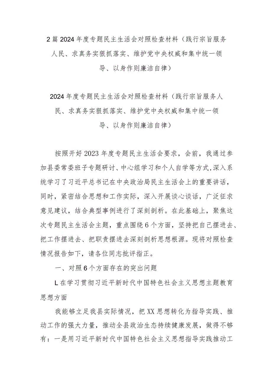 2篇2024年度专题民主生活会对照检查材料(践行宗旨服务人民、求真务实狠抓落实、维护党中央权威和集中统一领导、以身作则廉洁自律).docx_第1页