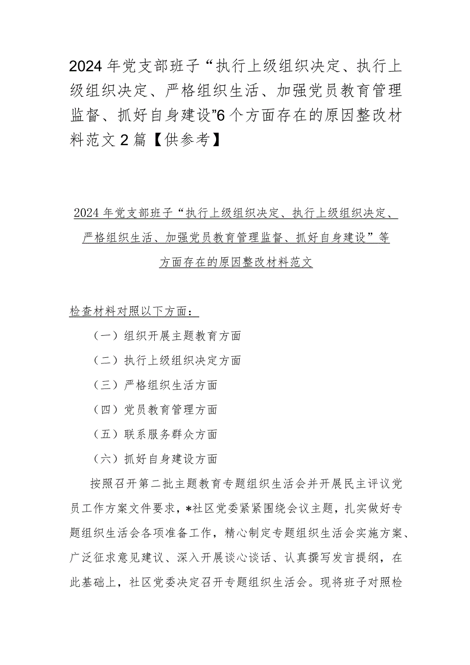 2024年党支部班子“执行上级组织决定、执行上级组织决定、严格组织生活、加强党员教育管理监督、抓好自身建设”6个方面存在的原因整改材.docx_第1页