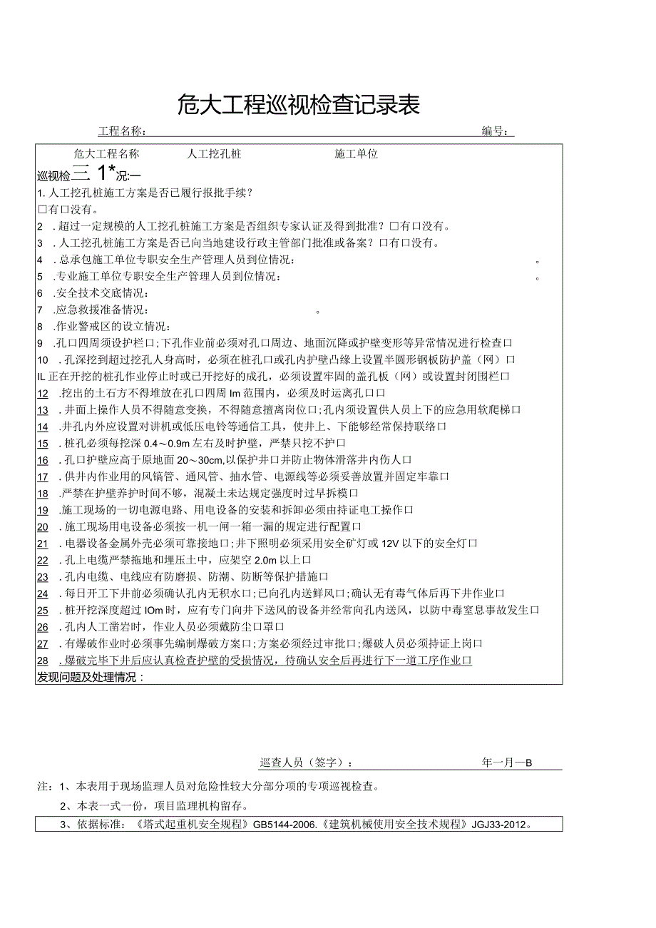 人工挖孔桩（危大巡视检查记录表）.docx_第1页