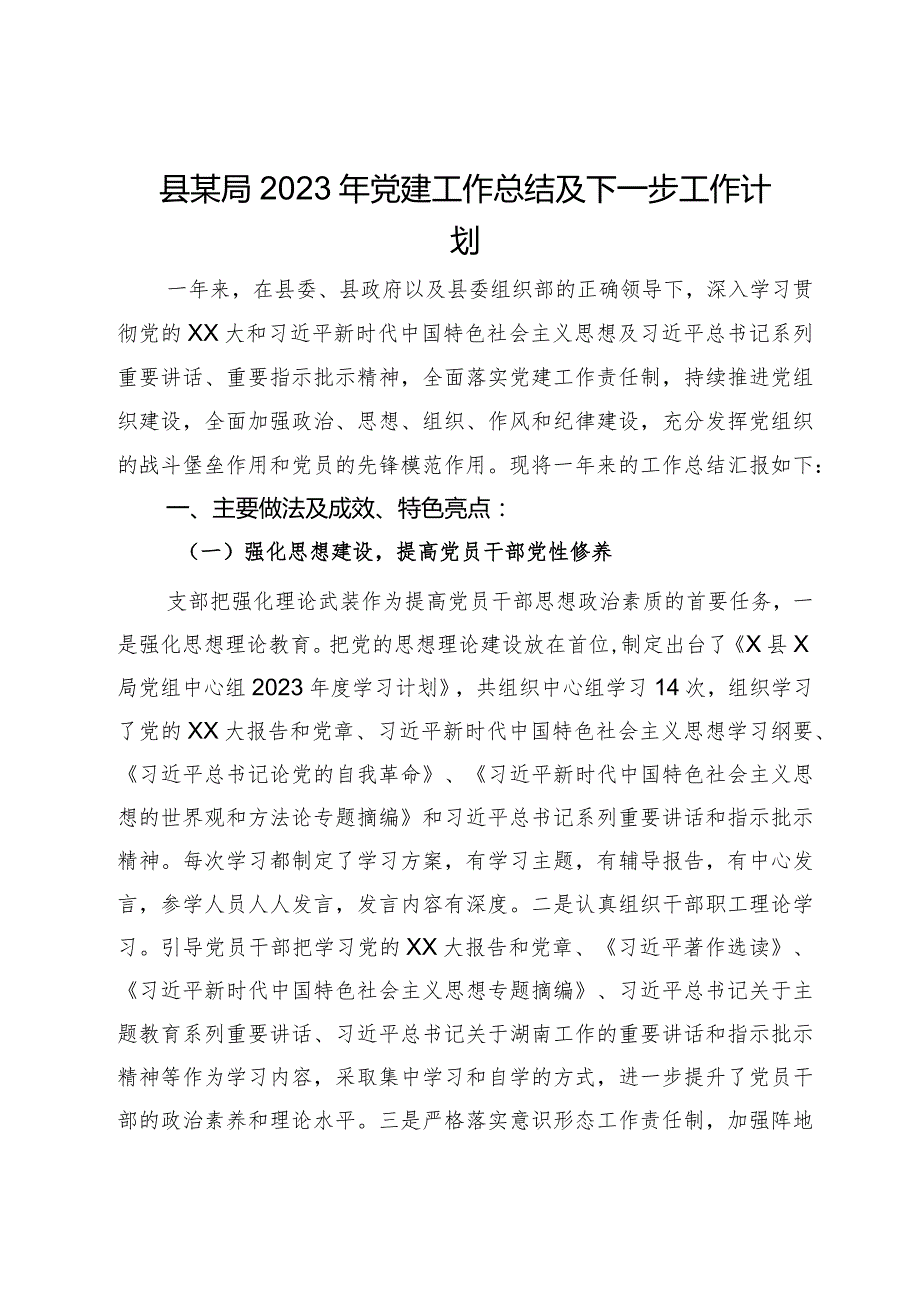 县某局2023年党建工作总结及下一步工作计划.docx_第1页