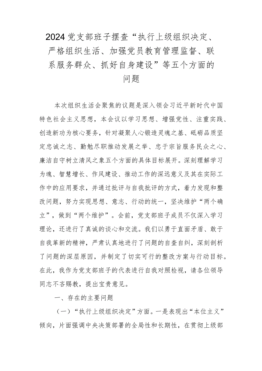 2024党支部班子对照执行上级组织决定、严格组织生活、加强党员教育管理监督、联系服务群众、抓好自身建设等四个方面材料.docx_第1页