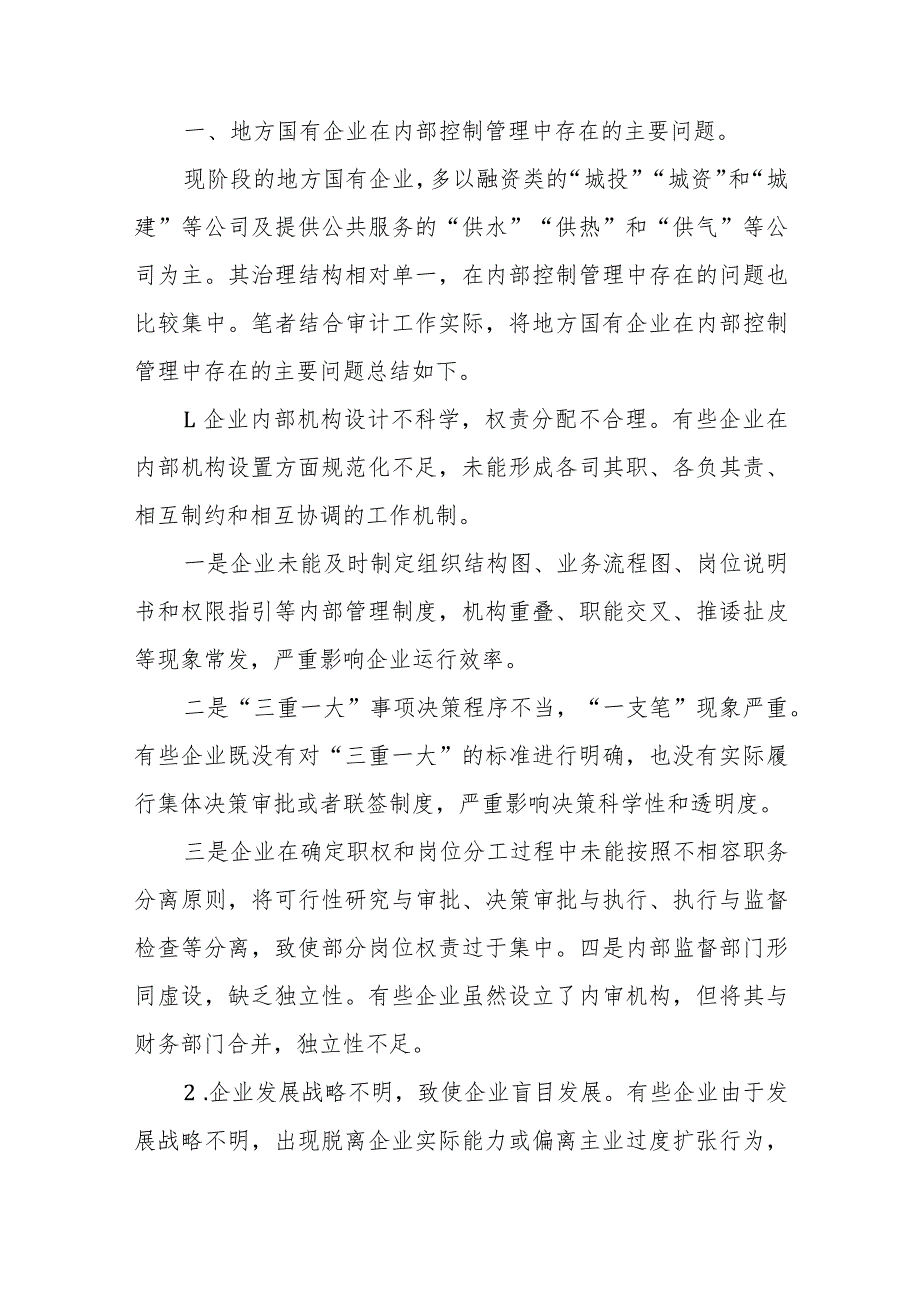 地方国有企业内部控制活动存在的主要问题及建议、国有企业内部控制存在的主要问题及其对策建议.docx_第2页