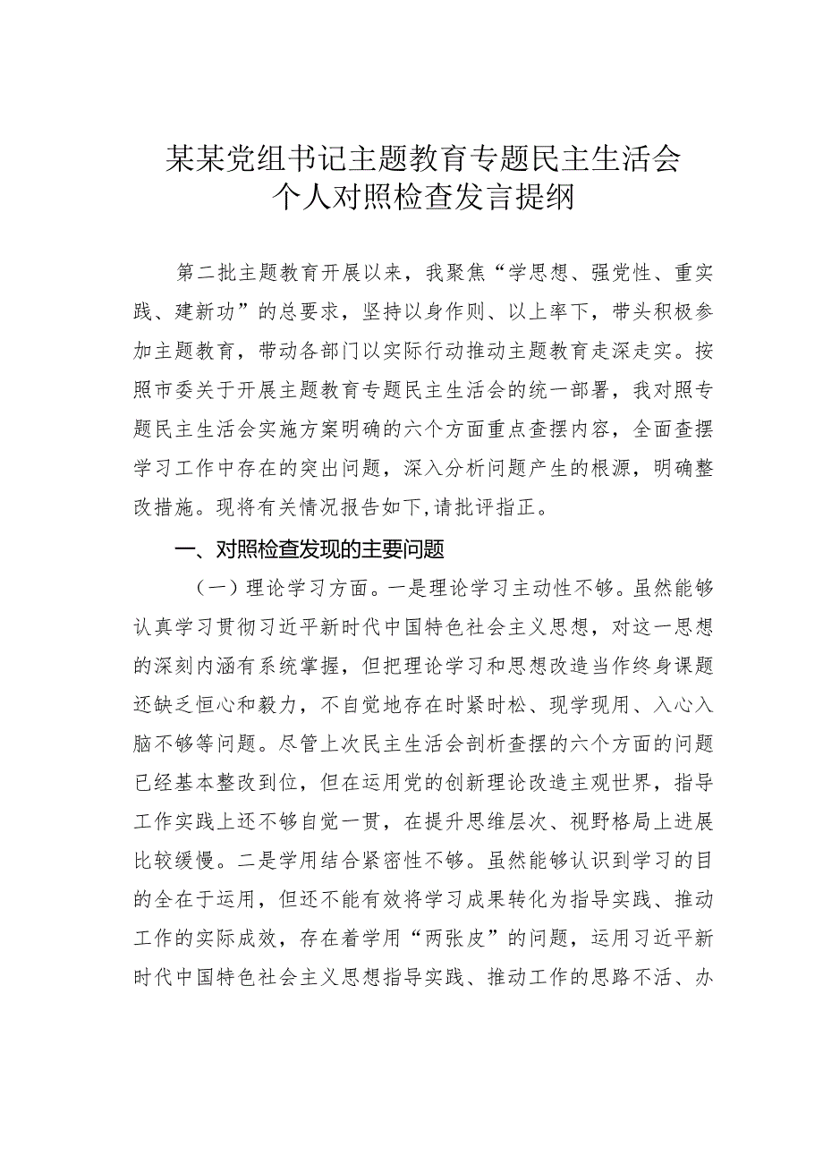 某某党组书记主题教育专题民主生活会个人对照检查发言提纲.docx_第1页