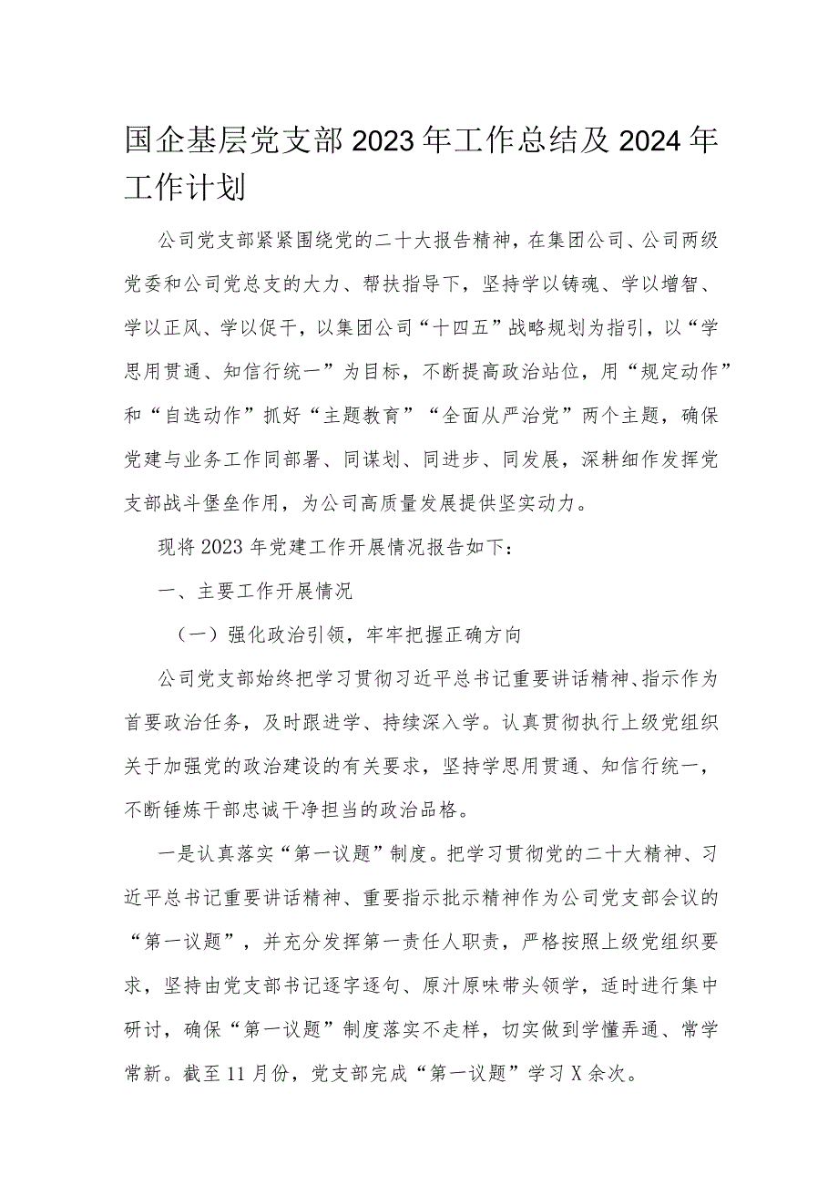 国企基层党支部2023年工作总结及2024年工作计划.docx_第1页