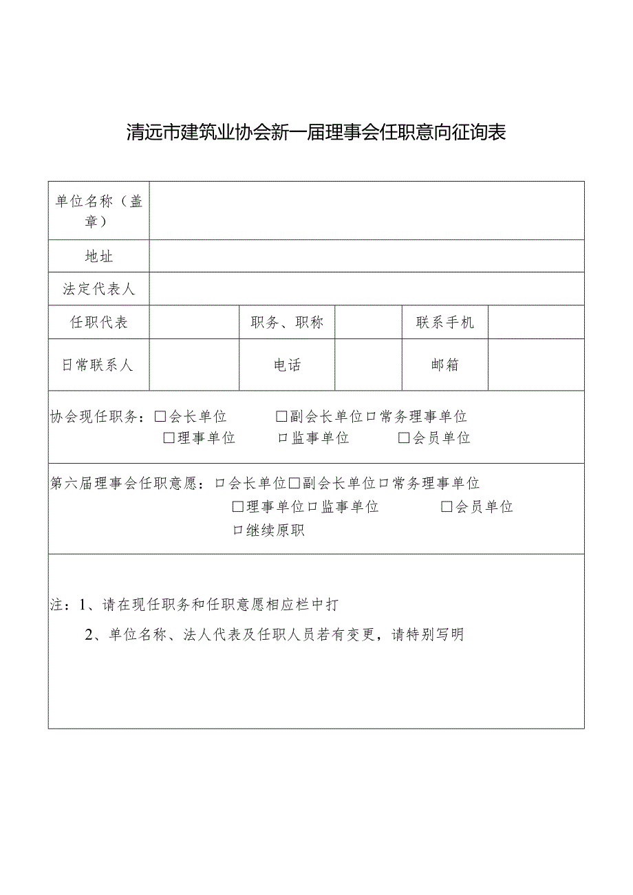 清远市建筑业协会新一届理事会任职意向征询表.docx_第1页