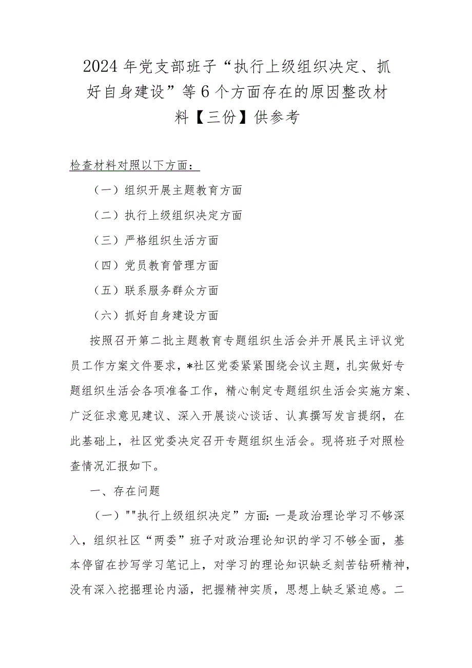 2024年党支部班子“执行上级组织决定、抓好自身建设”等6个方面存在的原因整改材料【三份】供参考.docx_第1页