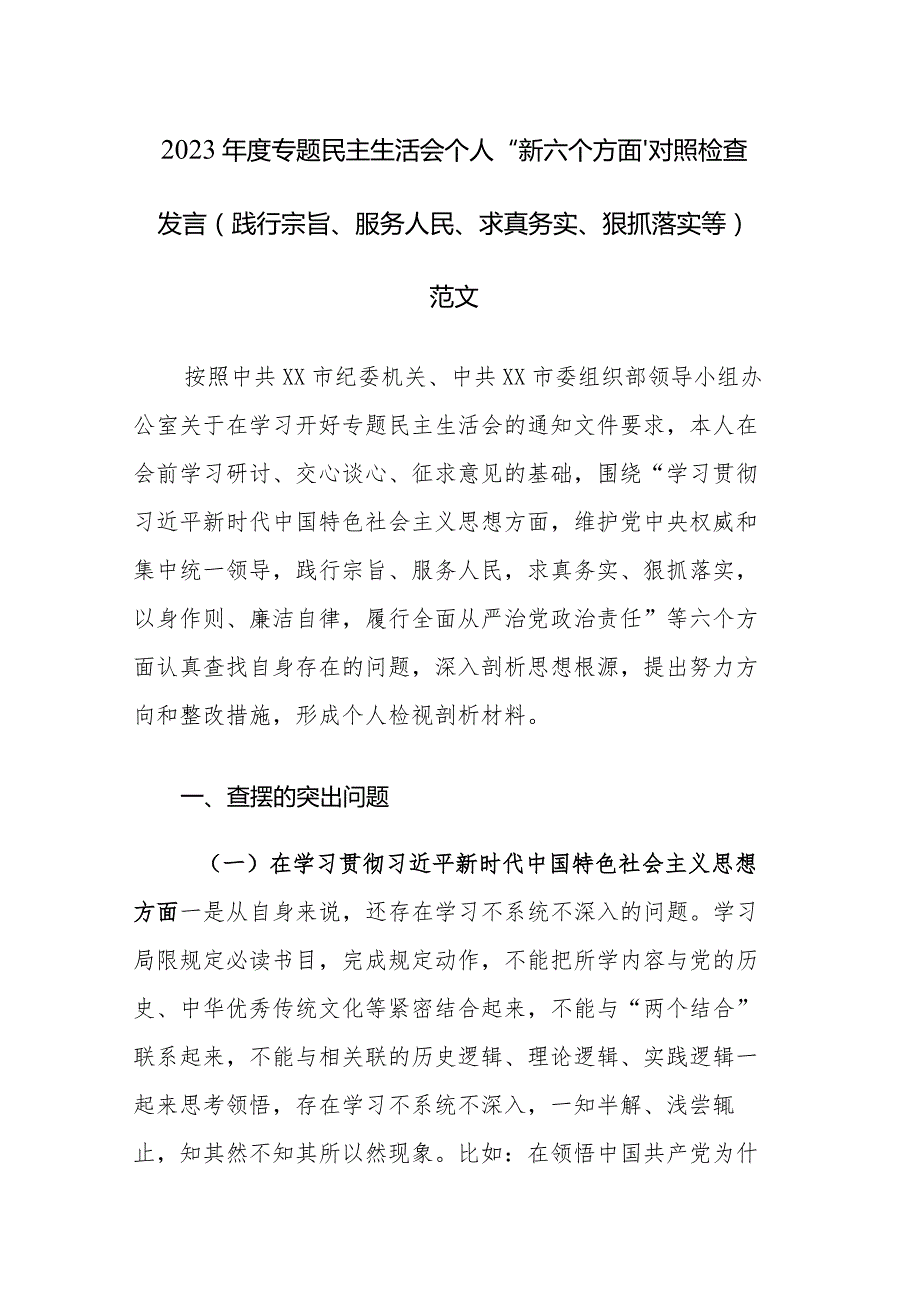 2023年度专题民主生活会个人“新六个方面”对照检查发言(践行宗旨、服务人民、求真务实、狠抓落实等)范文.docx_第1页