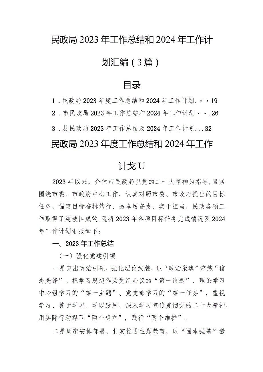 民政局2023年工作总结和2024年工作计划汇编（3篇）.docx_第1页