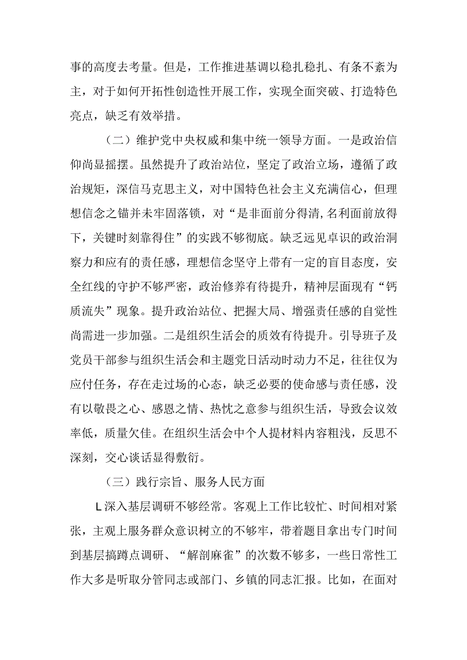 2024年度维护党中央权威和集中统一领导、践行宗旨、服务人民方面、求真务实、狠抓落实方面、以身作则、廉洁自律方面)民主生活会对照检查发言材料.docx_第2页