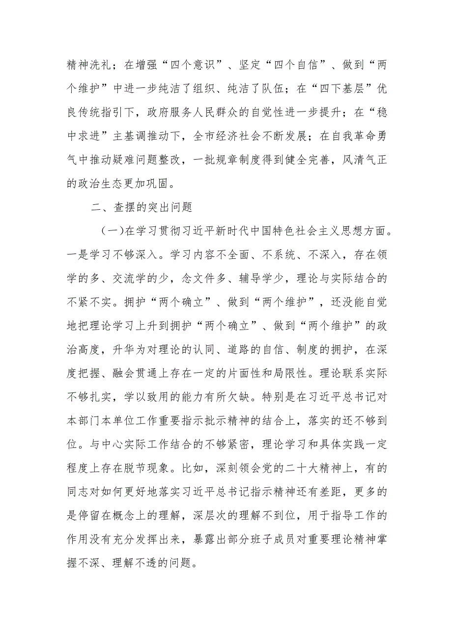 市政府党组班子2024年度(廉洁自律方面、履行全面从严治党责任、践行宗旨、服务人民方面、求真务实、狠抓落实方面、以身作则)专题民主生活.docx_第2页