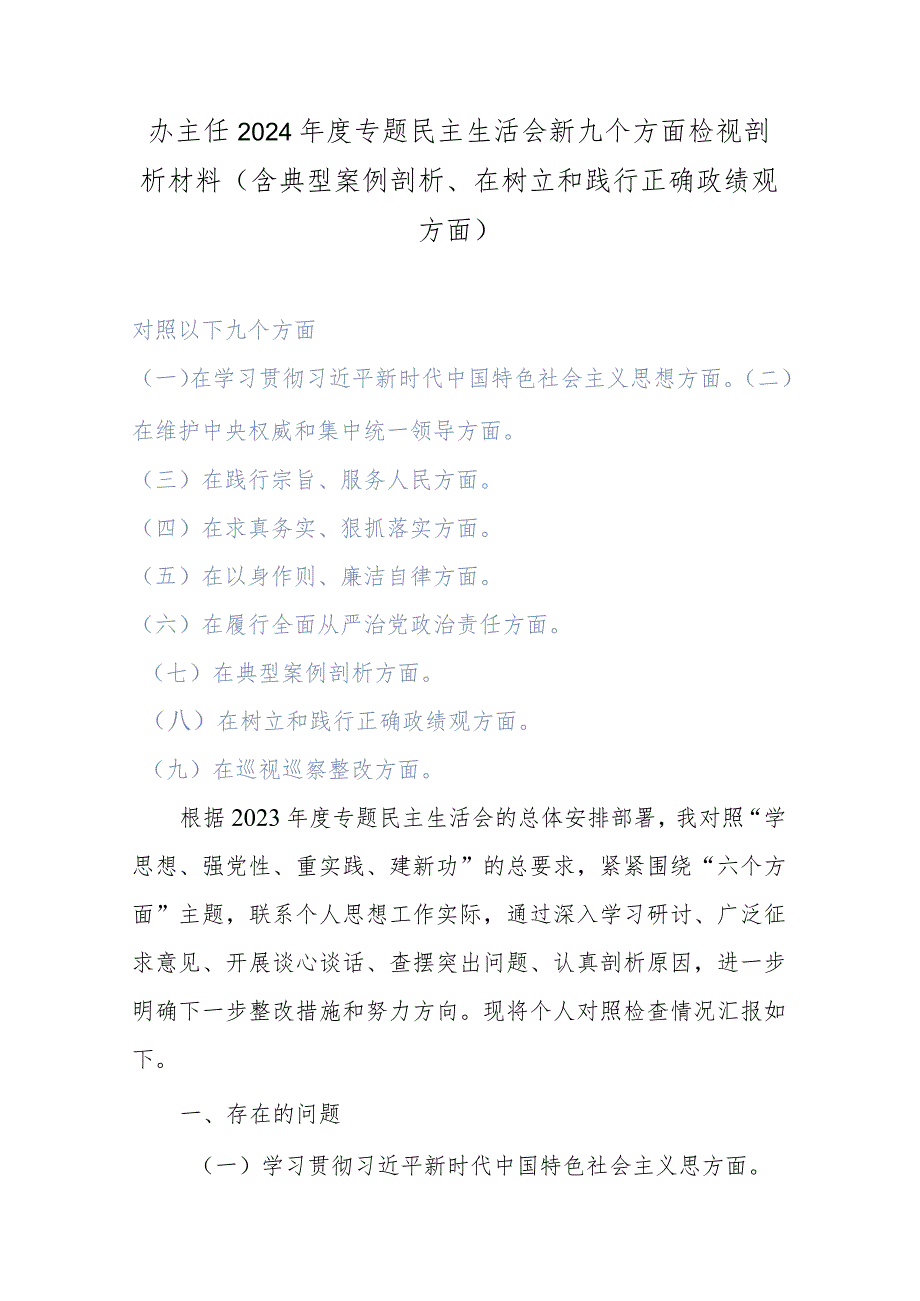 办主任2024年度专题民主生活会新九个方面检视剖析材料(含典型案例剖析、在树立和践行正确政绩观方面).docx_第1页