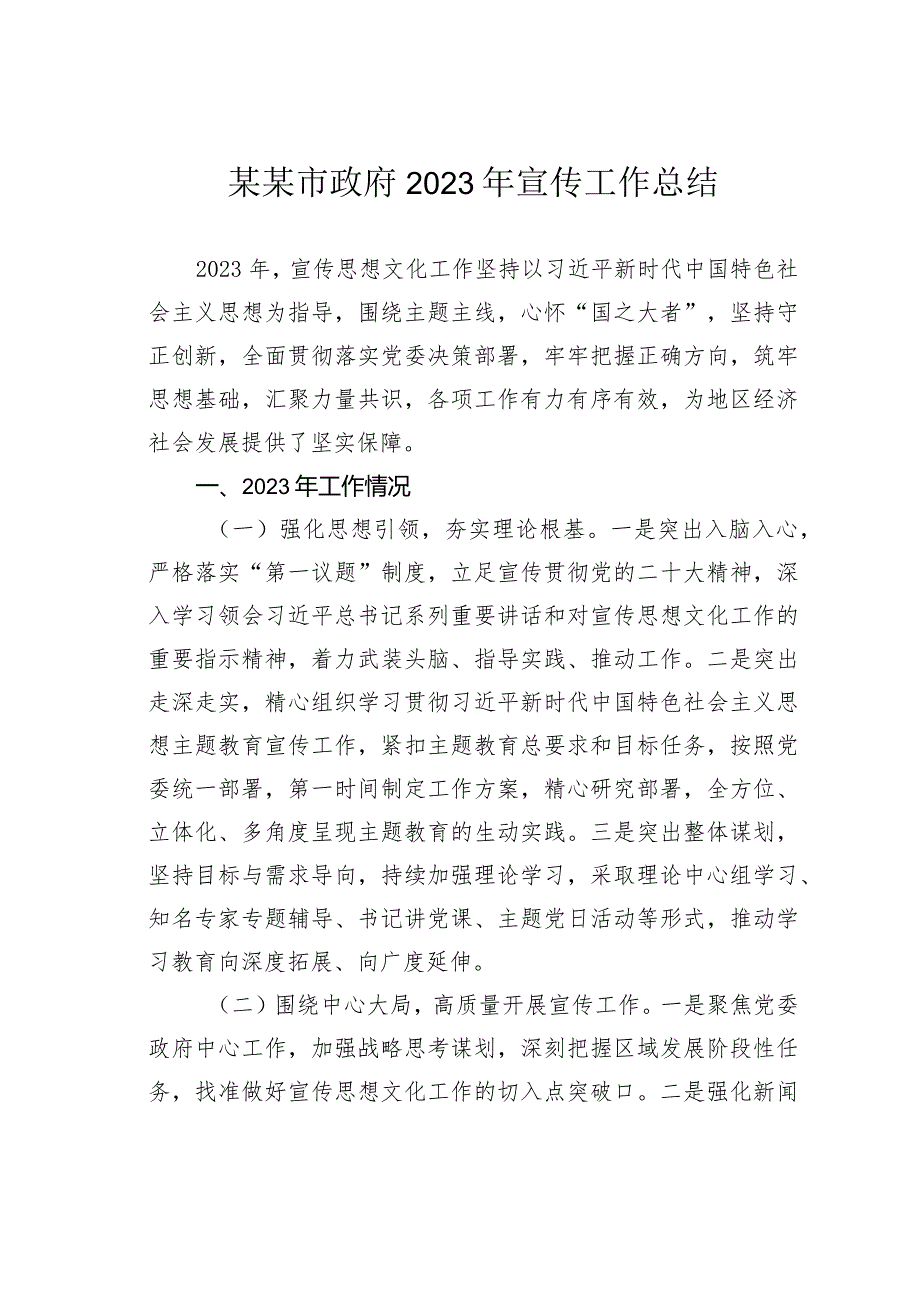 某某市政府2023年宣传工作总结.docx_第1页