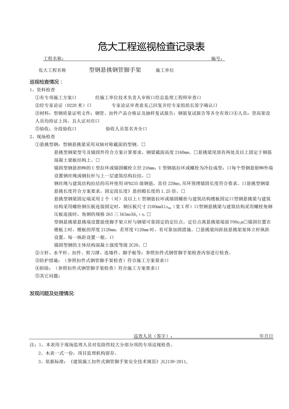 型钢悬挑钢管脚手架（危大巡视检查记录表）.docx_第1页