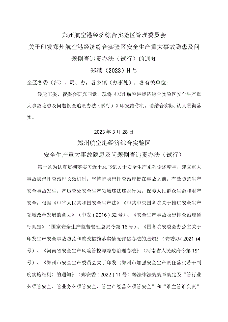 郑州航空港经济综合实验区安全生产重大事故隐患及问题倒查追责办法（试行）（2023年）.docx_第1页