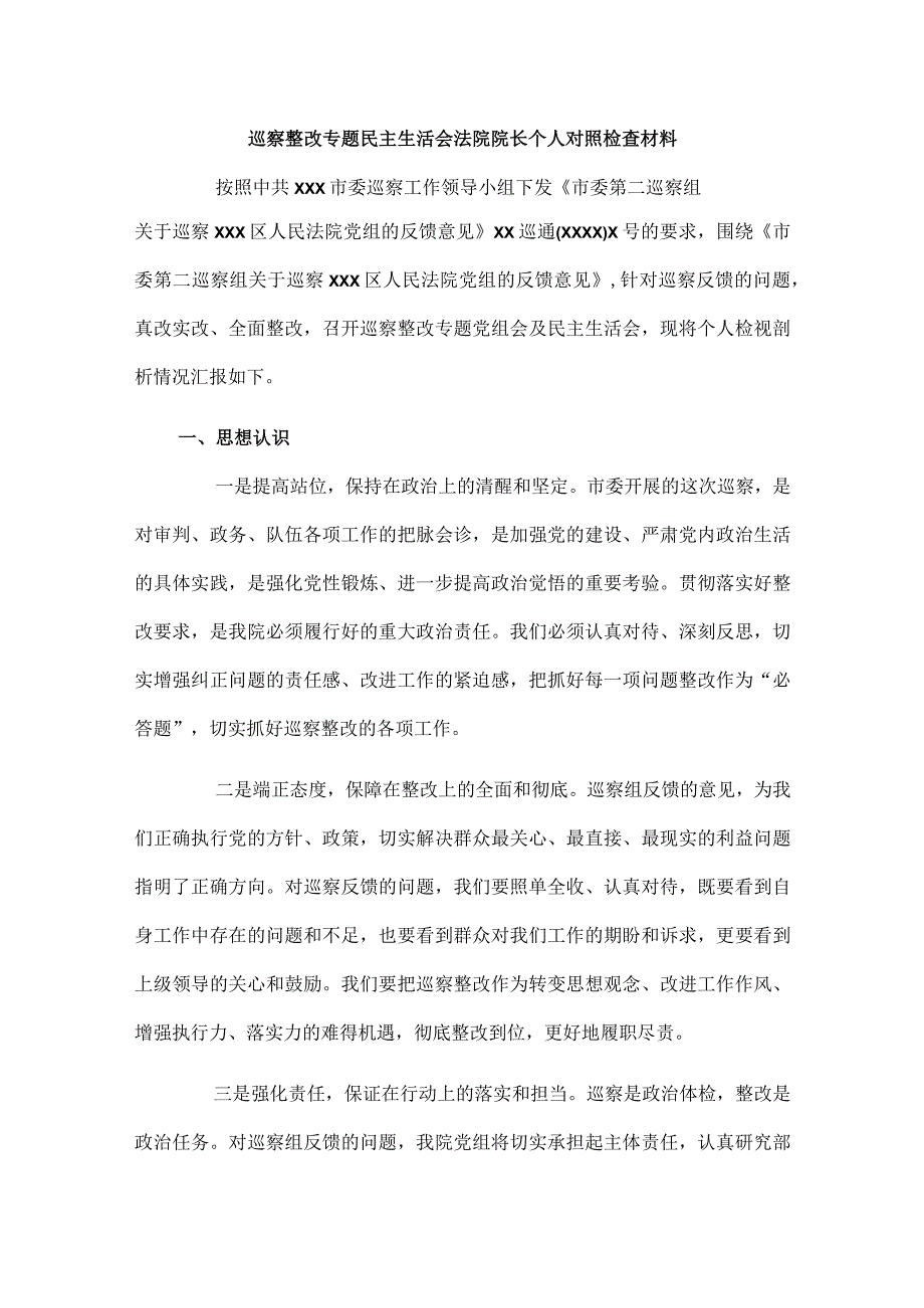 巡察整改专题民主生活会法院院长个人对照检查材料.docx_第1页