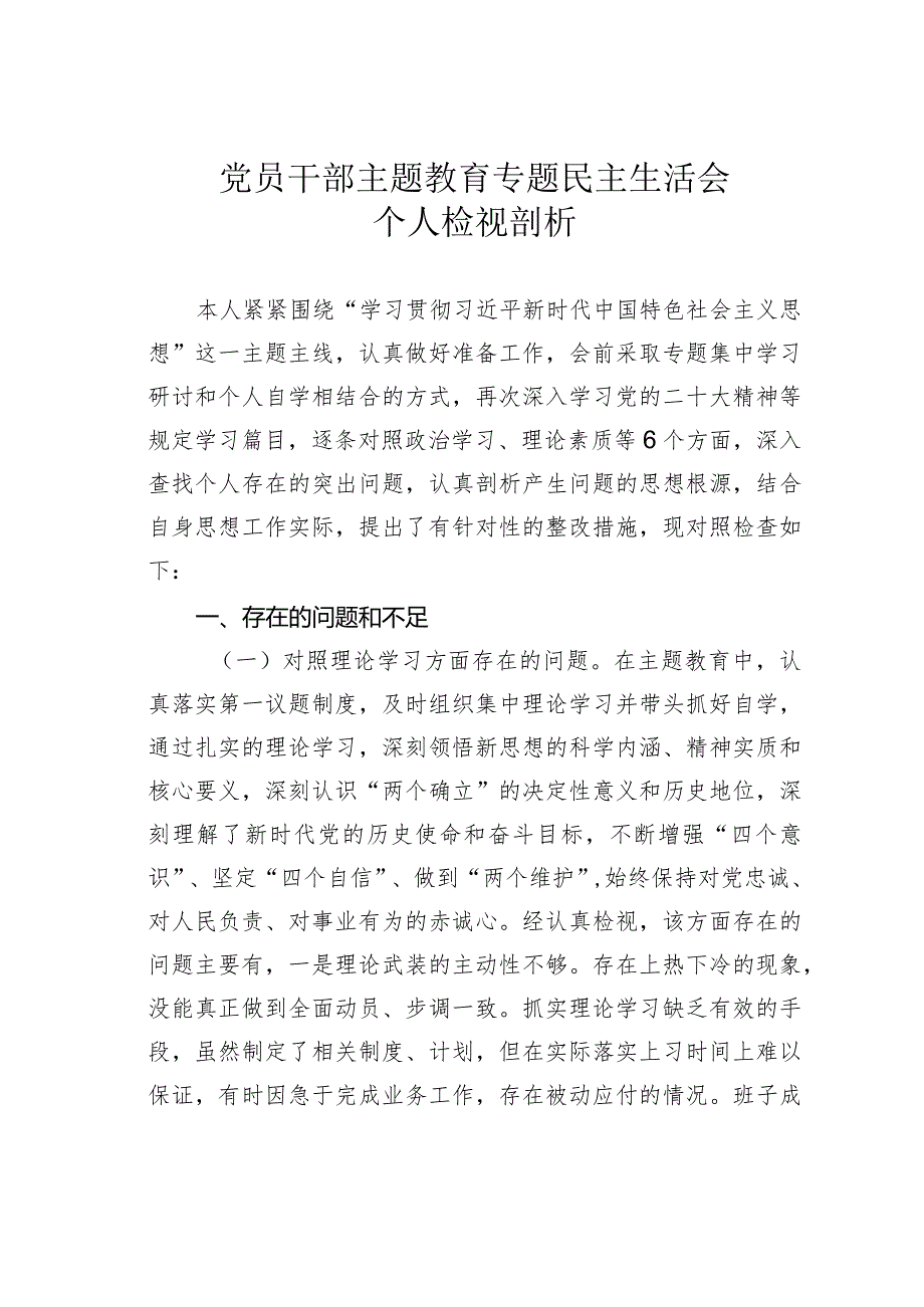 党员干部主题教育专题民主生活会个人检视剖析材料.docx_第1页