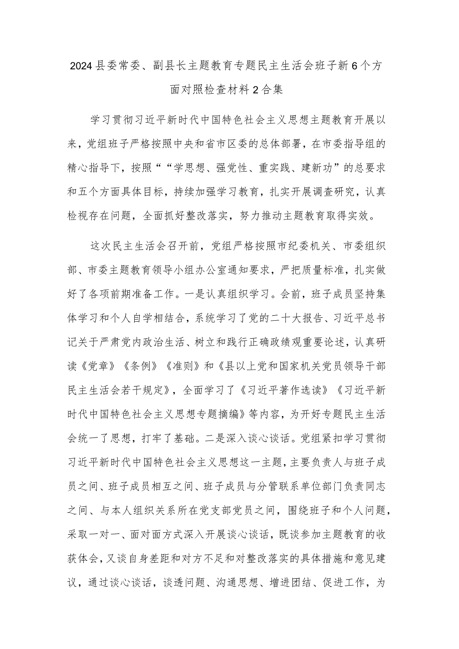 2024县委常委、副县长主题教育专题民主生活会班子新6个方面对照检查材料2合集.docx_第1页