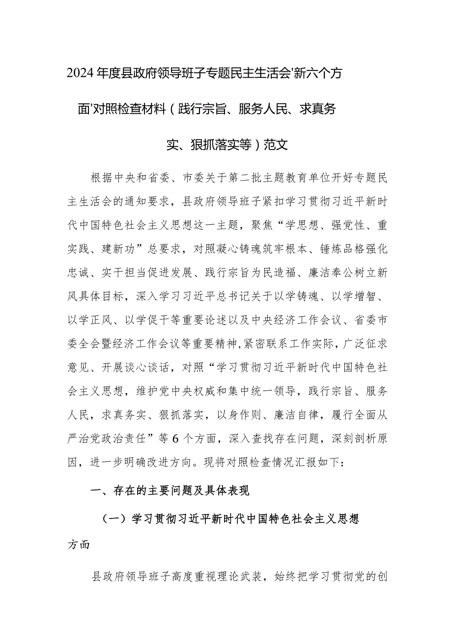 2024年度县政府领导班子专题民主生活会“新六个方面”对照检查材料（践行宗旨、服务人民、求真务实、狠抓落实等）范文.docx_第1页