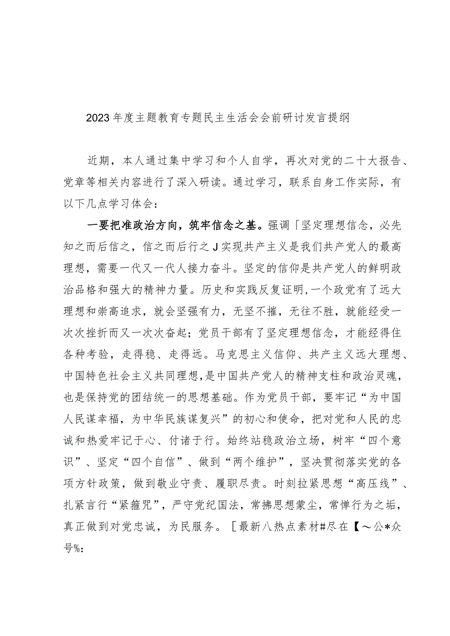 2023年度主题教育专题民主生活会会前研讨发言提纲.docx_第1页