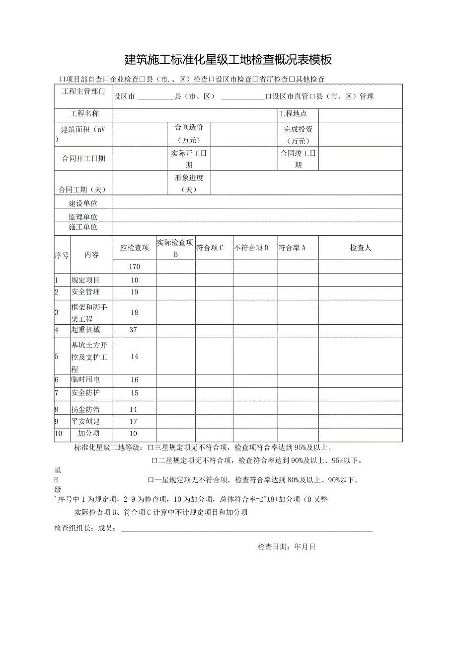 建筑施工标准化星级工地检查概况表模板.docx_第1页