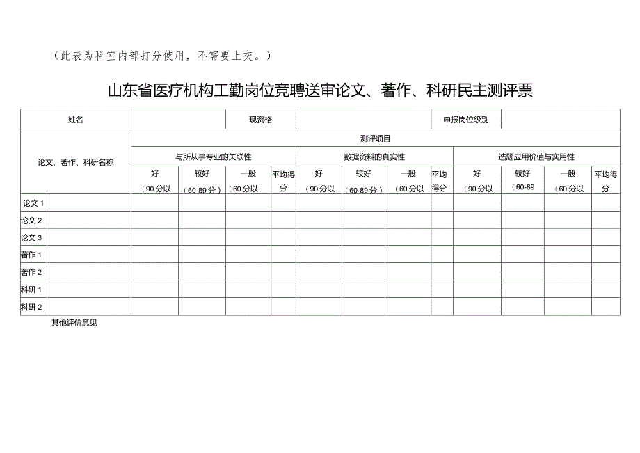 山东省医疗机构工勤岗位竞聘送审论文、著作、科研民主测评票1-1-5.docx_第1页