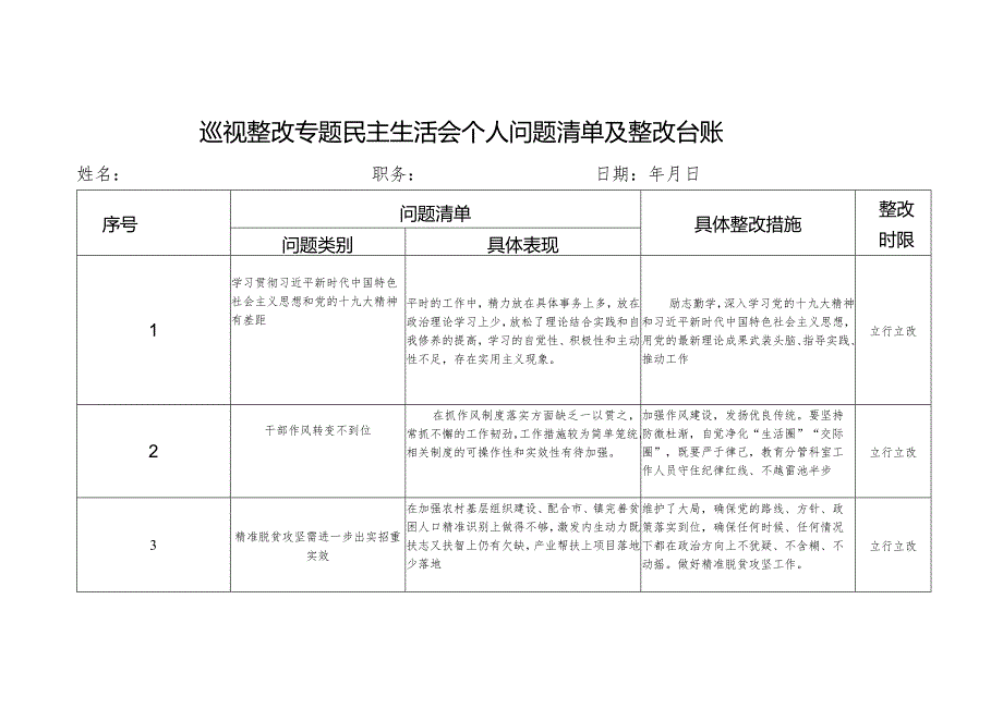 巡视整改专题民主生活会个人问题清单+整改台账+批评清单.docx_第1页