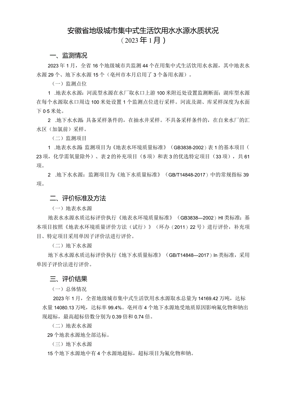 安徽省地级城市集中式生活饮用水水源水质状况（2023年1月）.docx_第1页