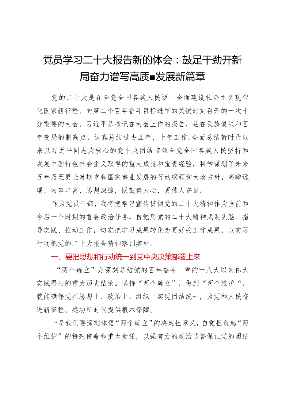 学习贯彻党的二十大精神专题—党员学习二十大报告新的体会：鼓足干劲开新局 奋力谱写高质量发展新篇章.docx_第1页