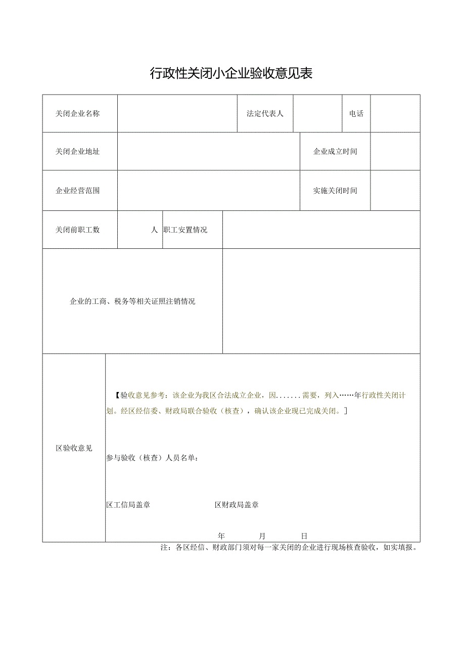 10-1.行政性关闭小企业验收意见表.docx_第1页