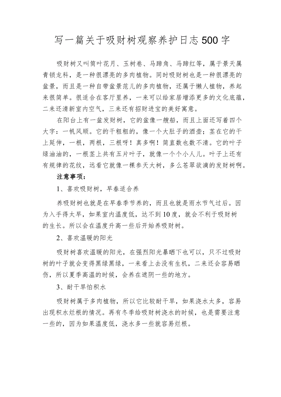 写一篇关于吸财树观察养护日志500字.docx_第1页