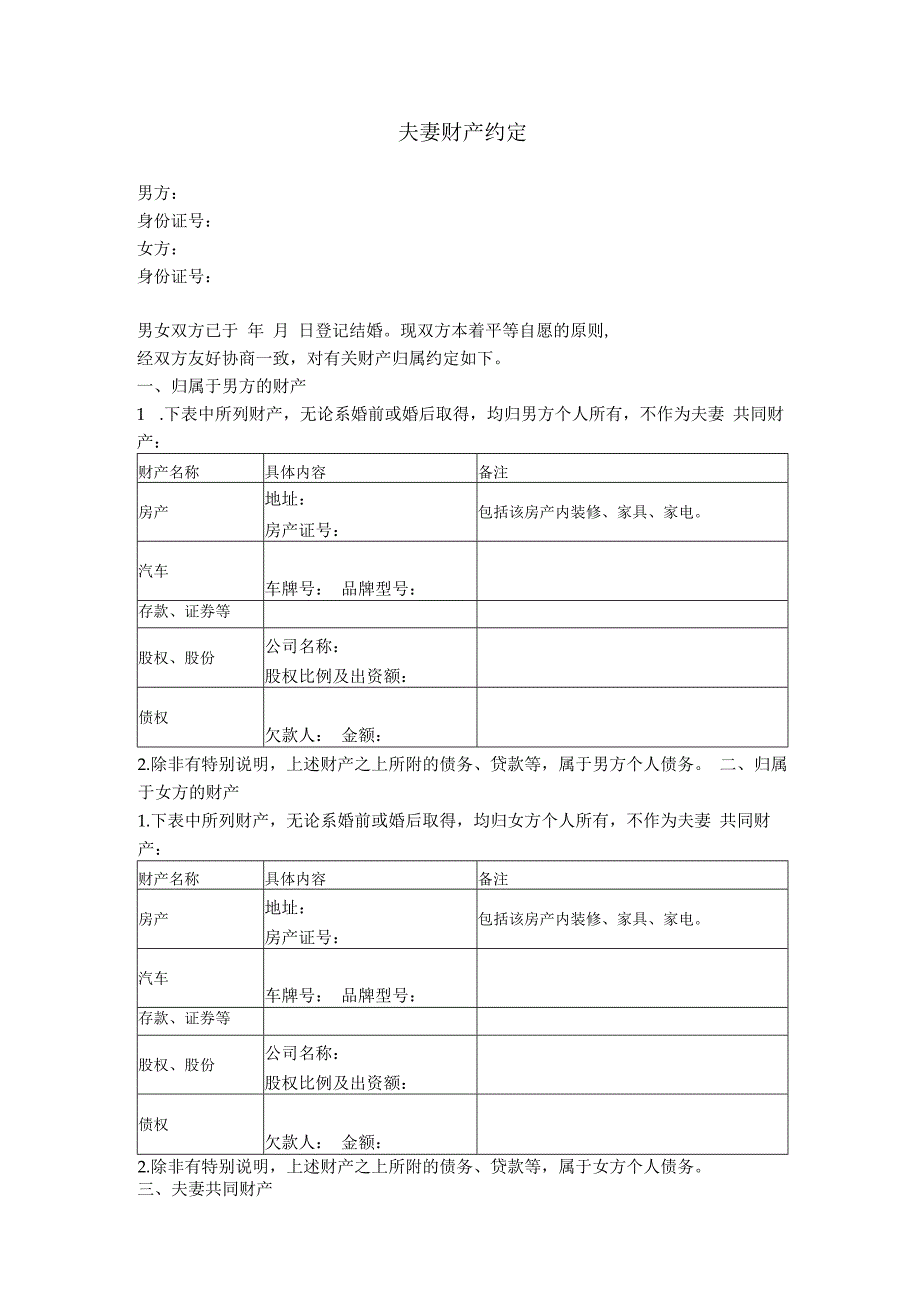 2.夫妻婚后财产约定（简单通用版）.docx_第1页