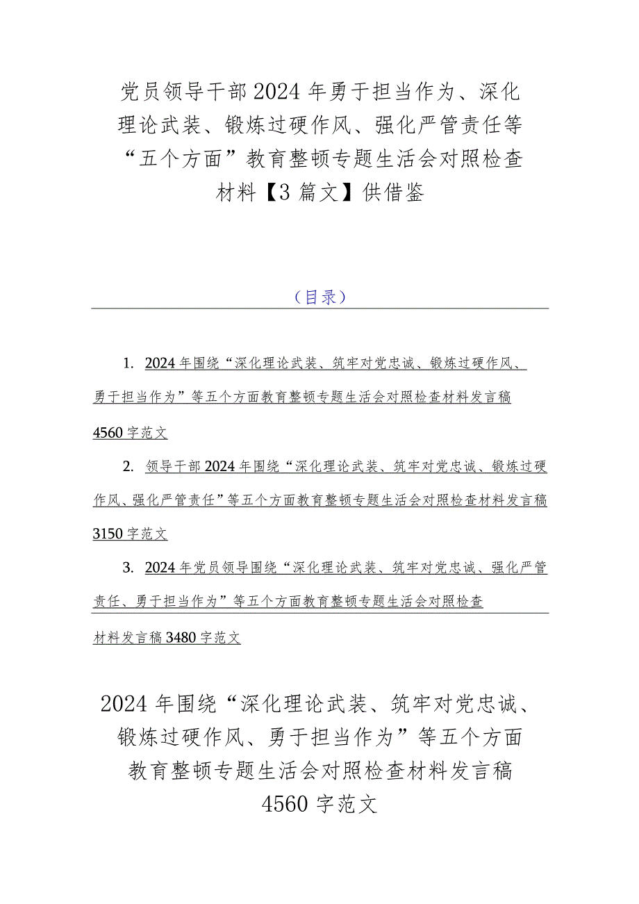 党员领导干部2024年勇于担当作为、深化理论武装、锻炼过硬作风、强化严管责任等“五个方面”教育整顿专题生活会对照检查材料【3篇文】供借鉴.docx_第1页