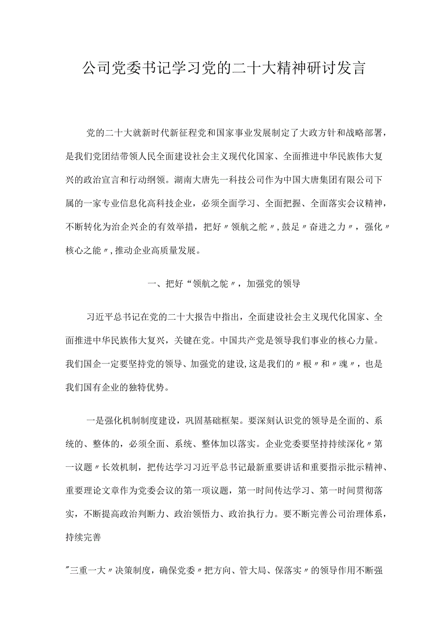 公司党委书记学习党的二十大精神研讨发言.docx_第1页