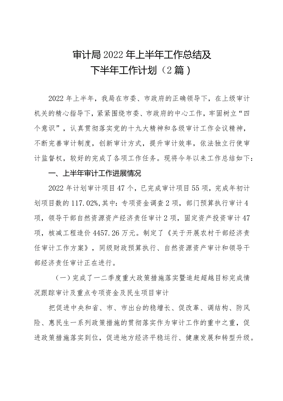 审计局2022年上半年工作总结及下半年工作计划（2篇）.docx_第1页